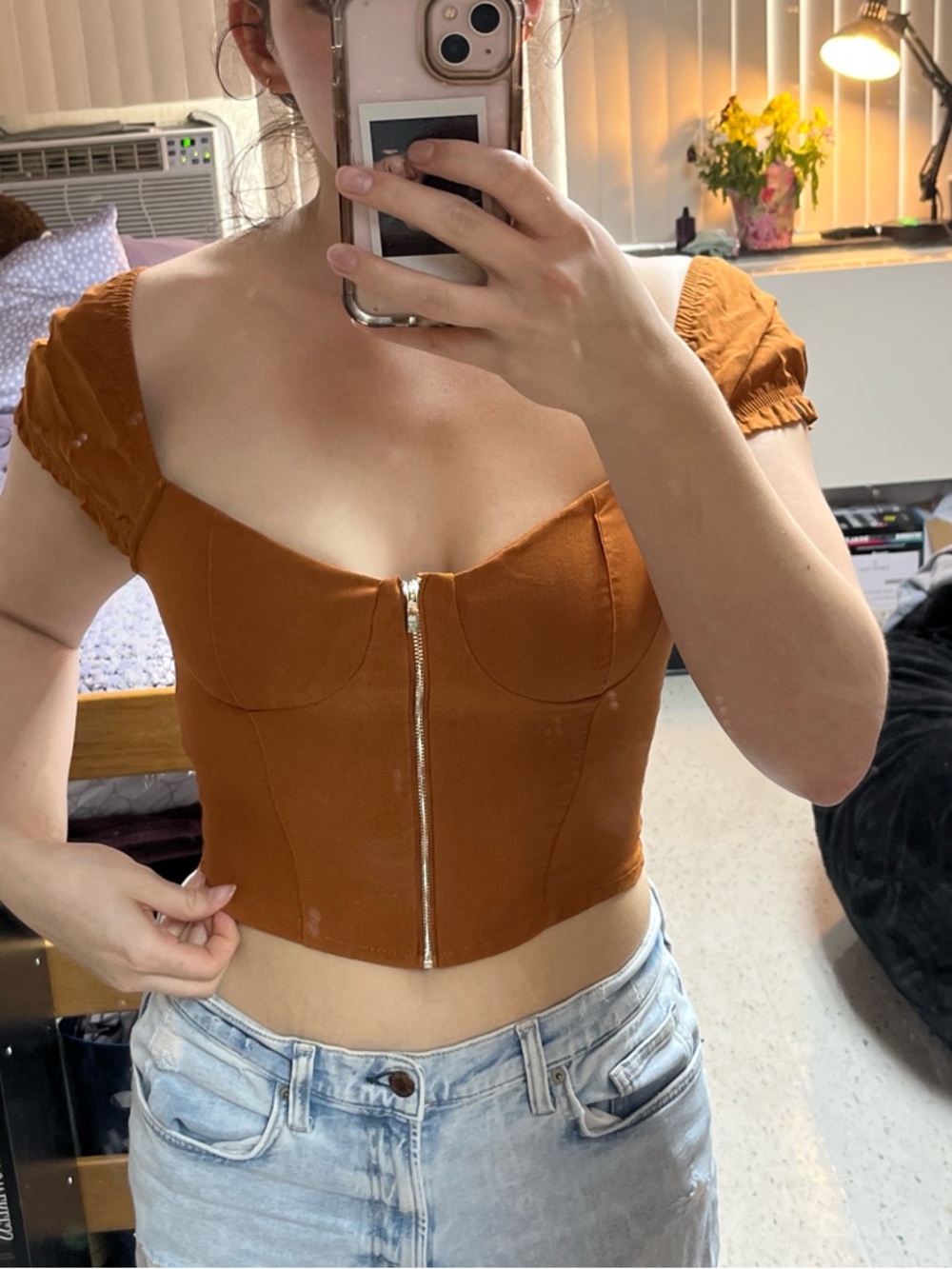 Zip-Front Rust Brown Sweetheart Crop Top